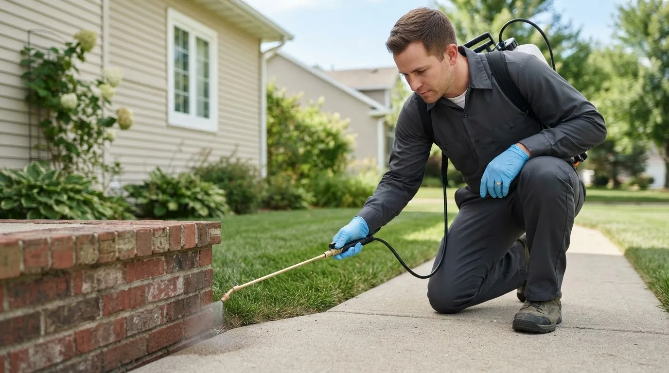 Pest control technician treating a home near Jonesboro, IN