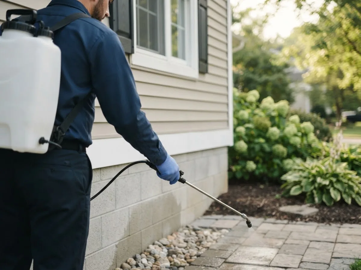 Pest control technician inspecting a home in Jonesboro, IN
